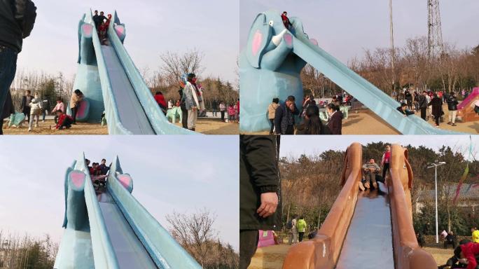 公园里孩子玩耍滑梯-儿童乐园一群孩子玩耍