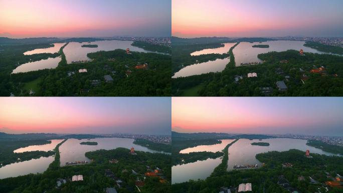航拍夕阳杭州著名景点西湖风景区