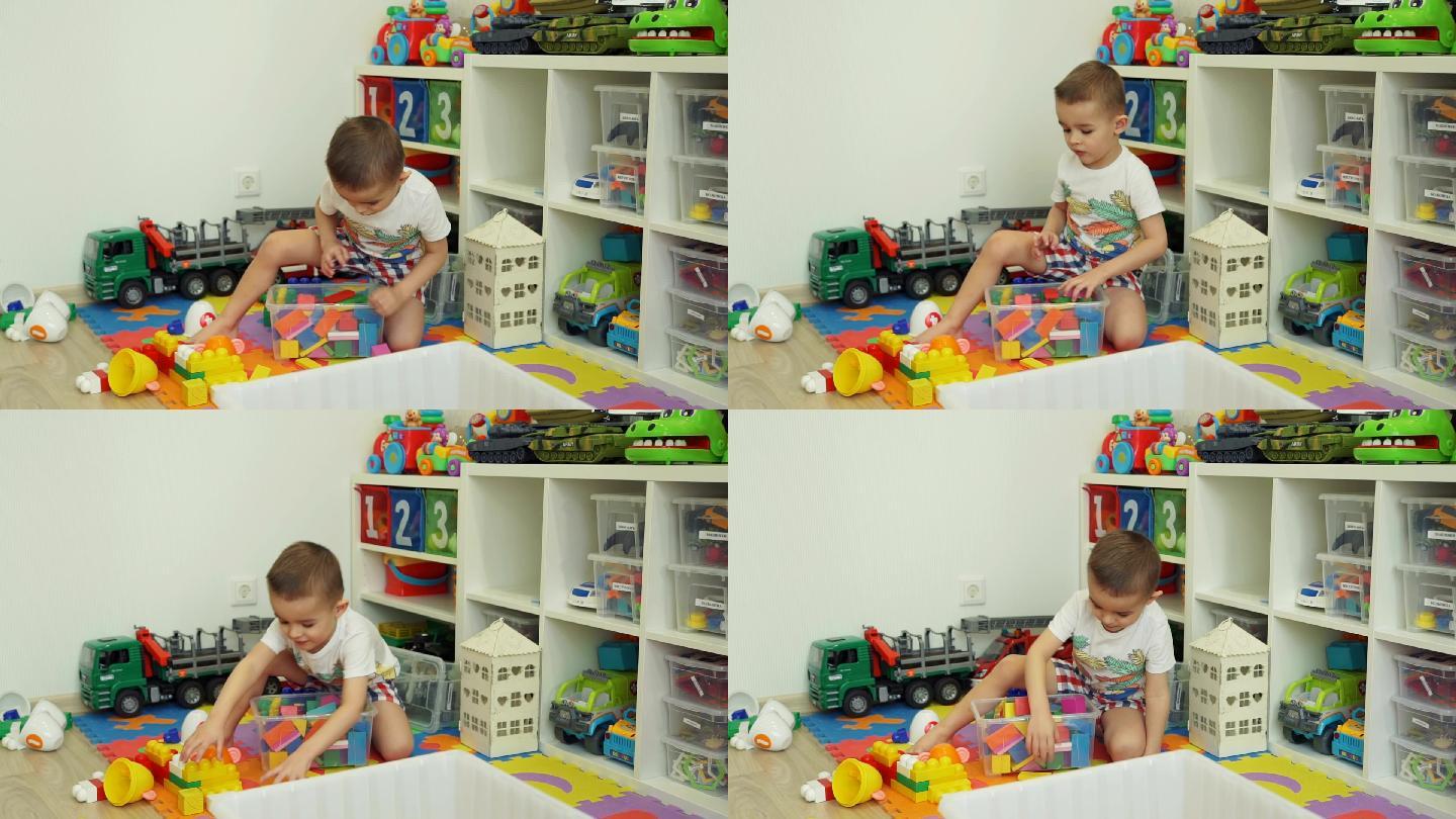 小男孩在房间里整理玩具