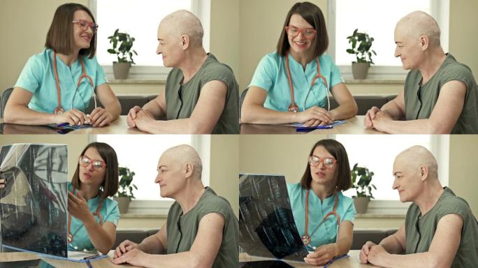 肿瘤科的一位老妇人，正在咨询化疗结果