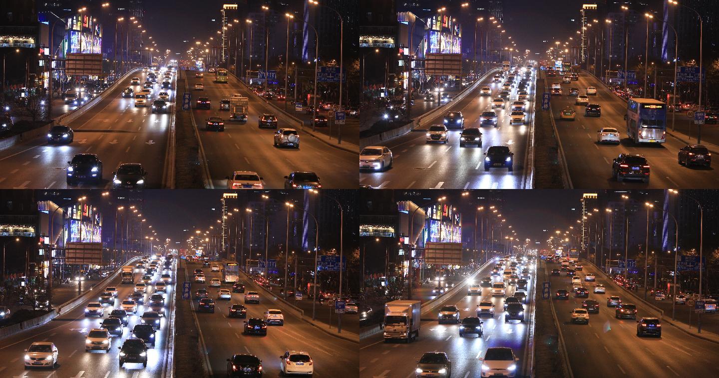 北京夜晚高架双井桥交通状况车水马龙4K