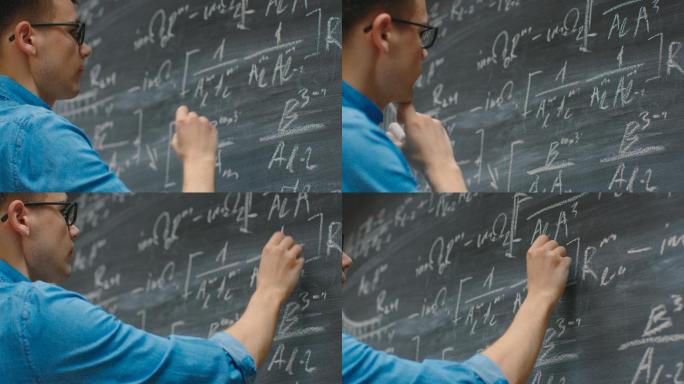 年轻数学家在黑板上写复杂的数学方程/公式