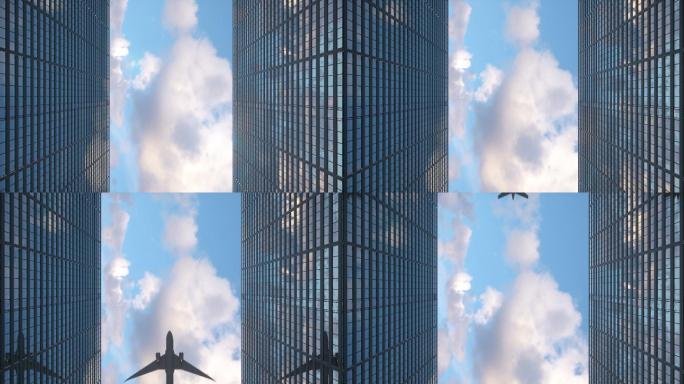 飞机飞越办公大楼高楼大厦飞过飞行楼顶商务