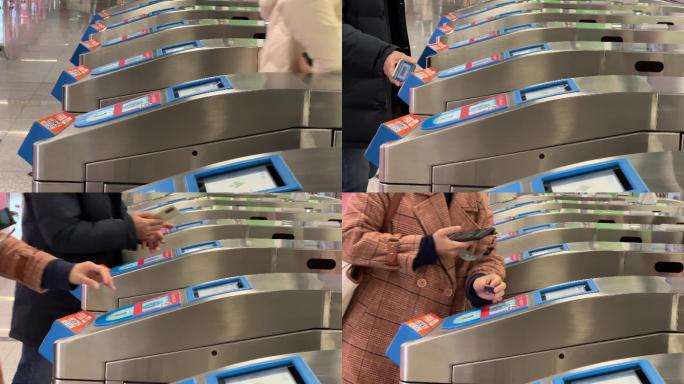 4K拍摄乘客刷卡刷手机通过地铁智能翼闸