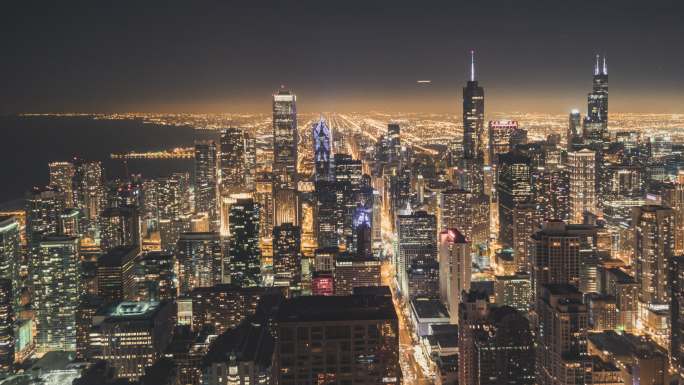 芝加哥夜景繁华建筑群大气全景空镜