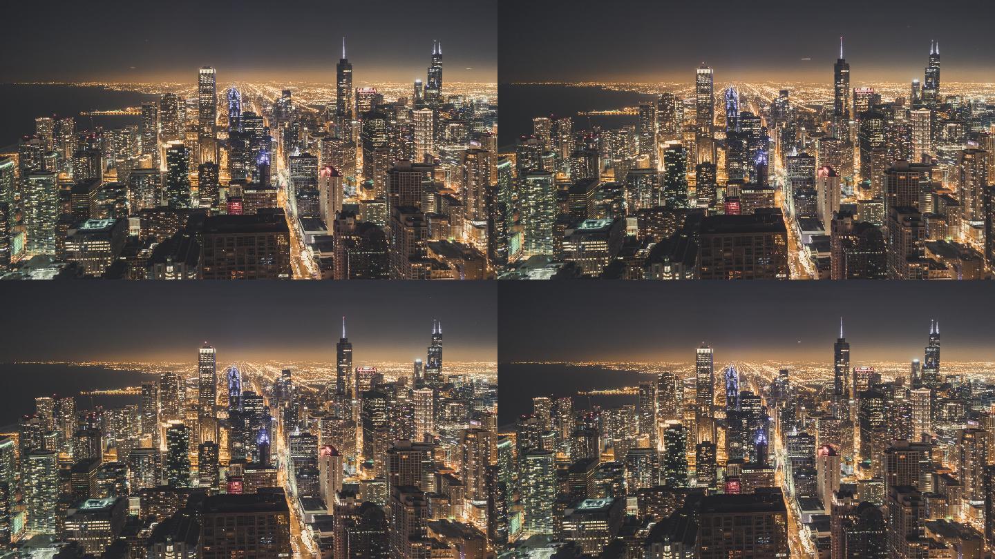 芝加哥夜景繁华建筑群大气全景空镜