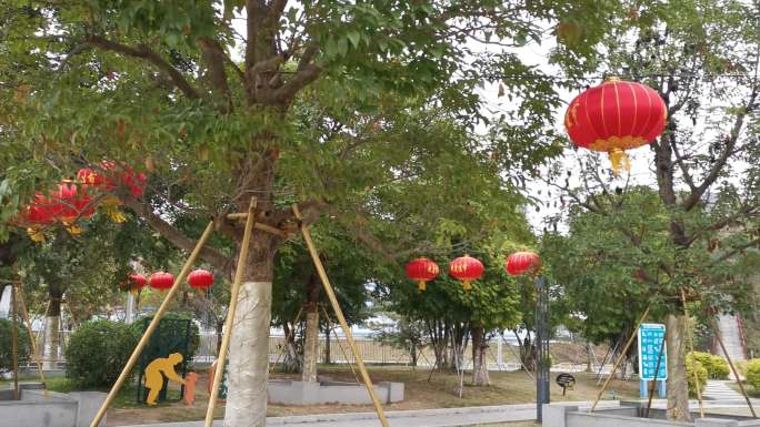 新年新气象公园户外挂满红灯笼