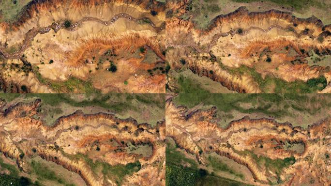 土壤侵蚀破坏的土地的航空缩小视图