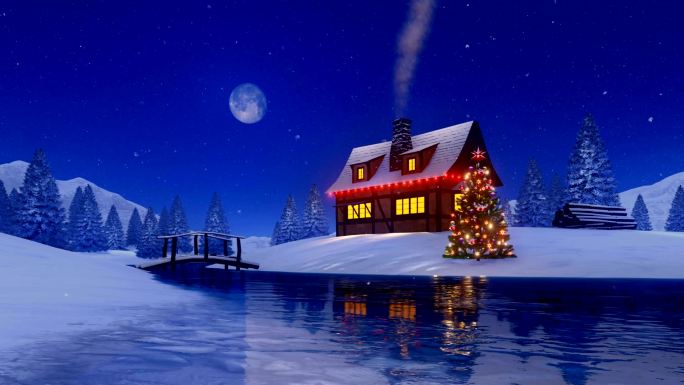 冬季雪夜装饰的乡村小屋