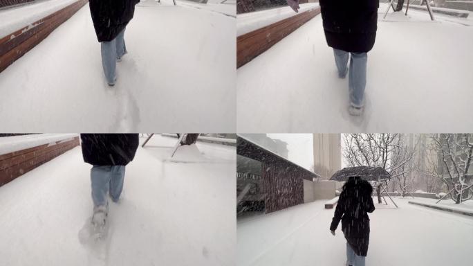 雪地行走背影，下雪走路，脚步背影特写4k