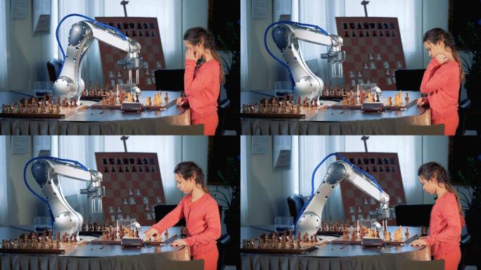 小女孩和象棋机器人下棋