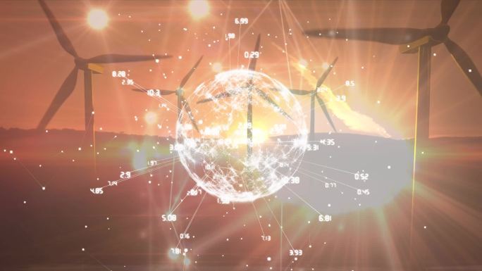 连接网络地球仪的数字动画，背景是风车旋转