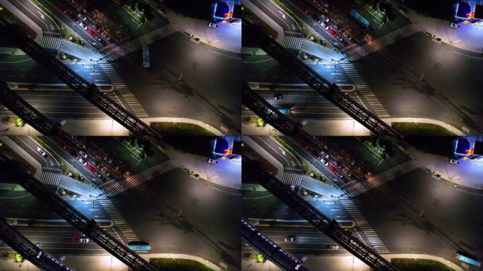 4K航拍 俯瞰城市路口轻轨地铁线夜景