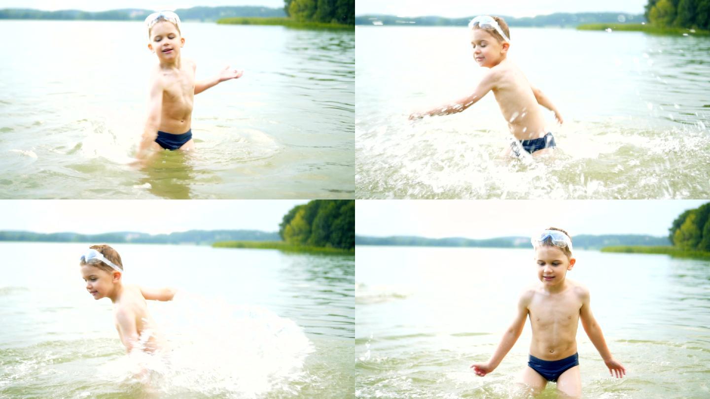 小男孩向镜头泼水小朋友外国河边河水
