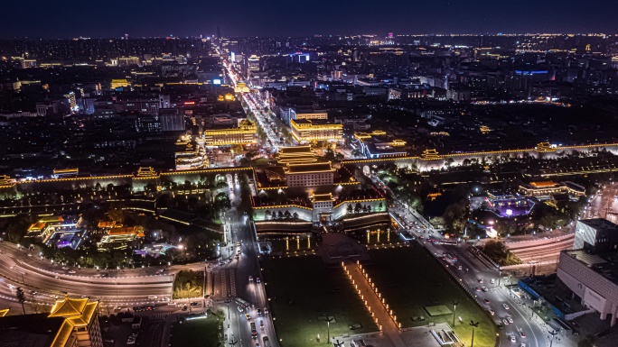 西安永宁门夜景航拍延时