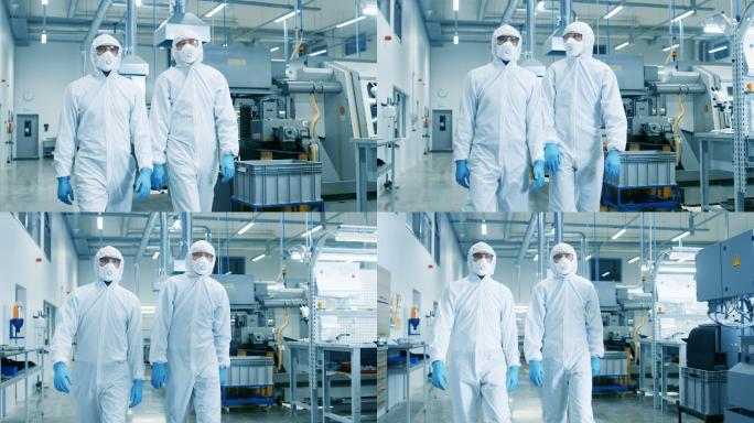 科学家穿着防毒服穿过技术先进的工厂