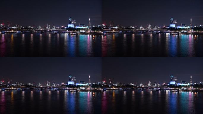 伦敦泰晤士河夜景游船轮船码头旅游