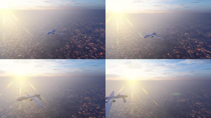 军用无人机在日出时飞越海洋