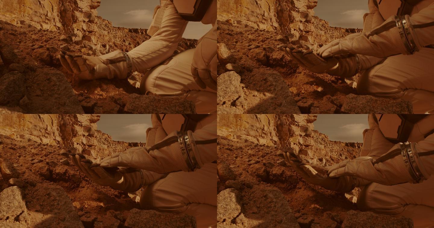 宇航员检查火星上的土壤