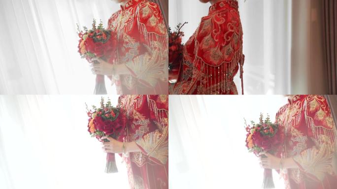中式新娘手里的手捧花