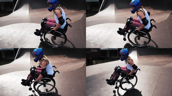 女子坐轮椅在滑板公园做特技