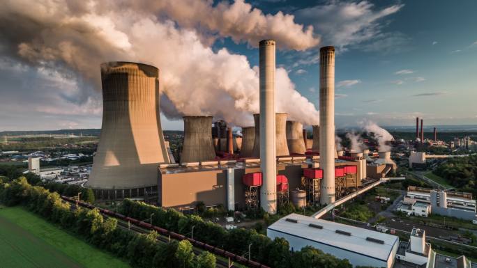 燃煤发电站航拍烟囱环保工厂全球变暖工业