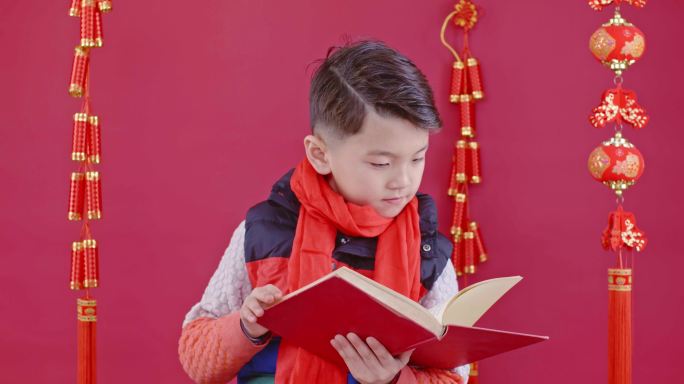 一个男孩在翻阅书籍