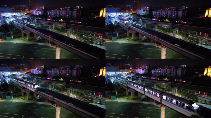 4K航拍 城市轻轨地铁线夜景