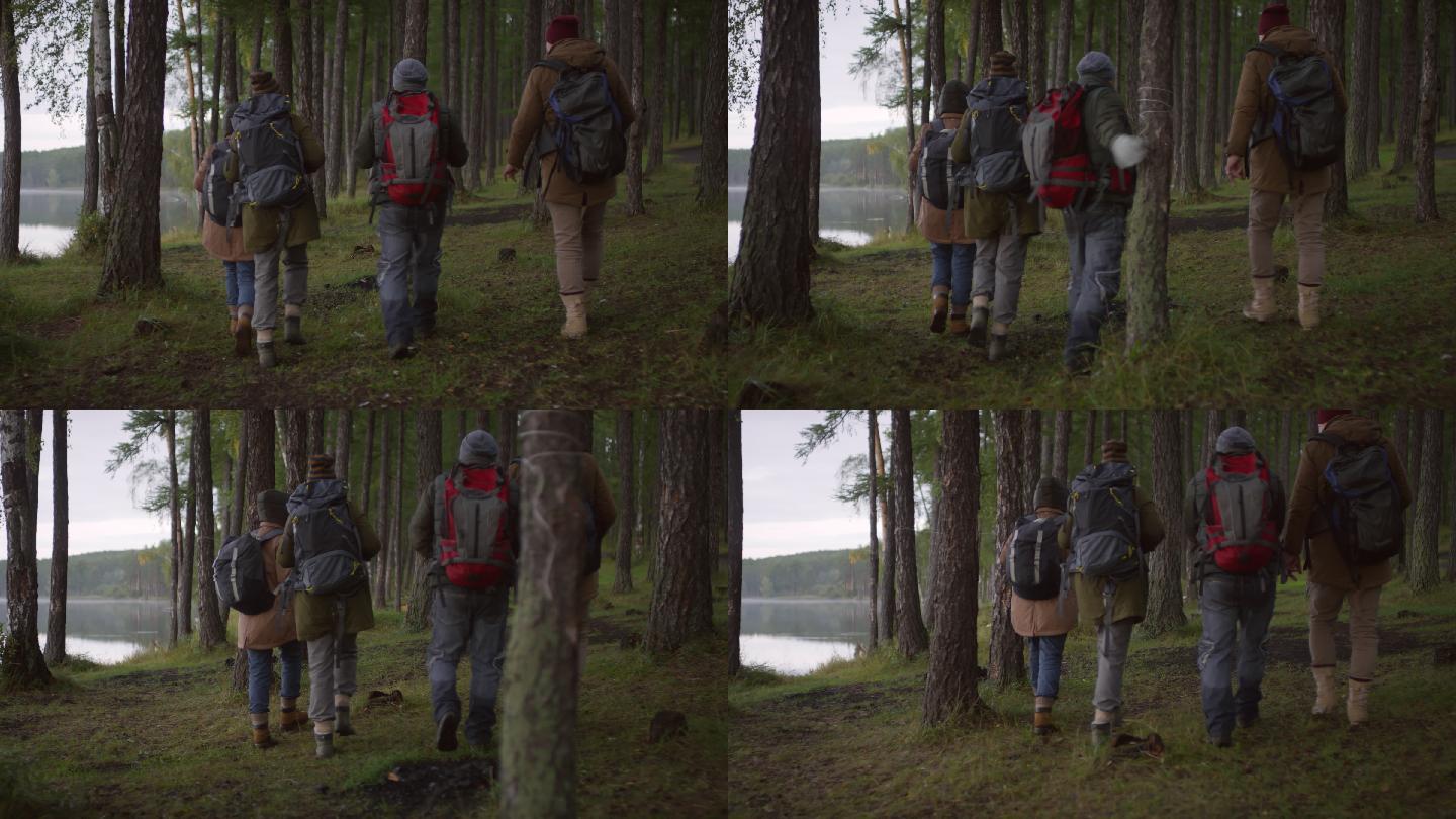 徒步旅行者沿着湖边的森林行走的后视图