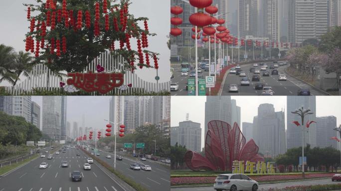 深圳城市道路春节装饰灯笼实拍常规视频合集