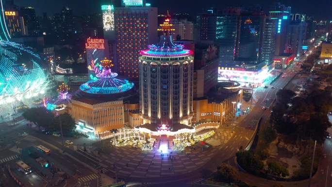 航拍澳门葡京酒店夜景