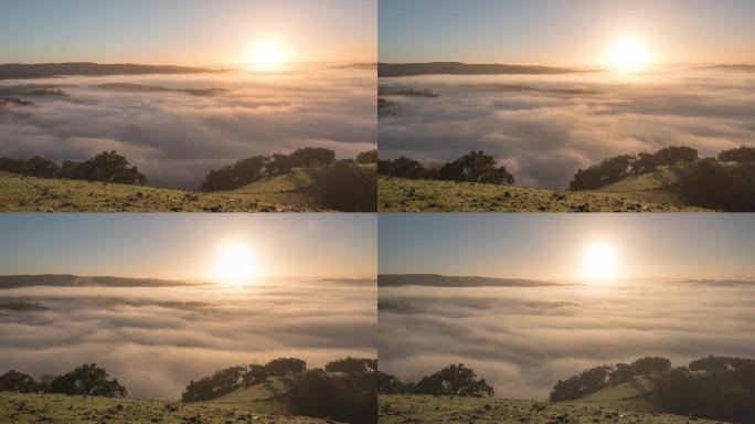 清晨如画的日出，云雾在山谷中的时间流逝