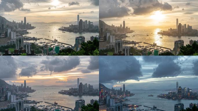 城市鸟瞰图香港延时维多利亚港城市日转夜延