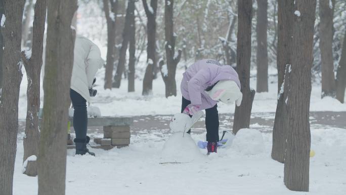 下雪人文 公园玩雪 堆雪人4K