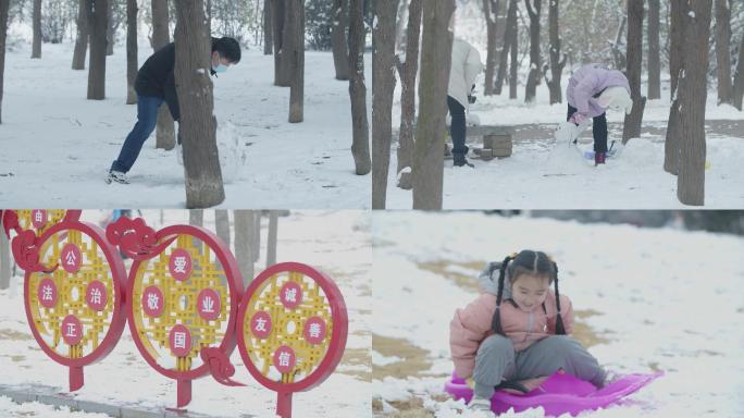 下雪人文 公园玩雪 堆雪人4K