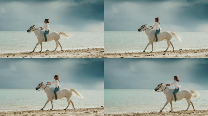 女子在海边骑马马术尽情奔跑潇洒