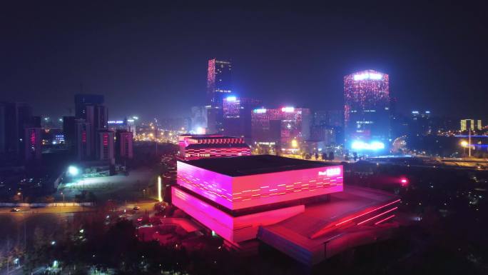 航拍夜晚金华金东新城进化之光文化广场夜景