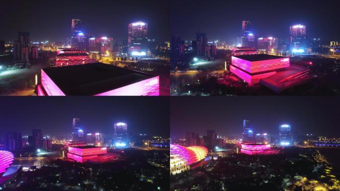 航拍夜晚金华金东新城进化之光文化广场夜景