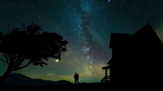 在星空背景下情侣银河剪影