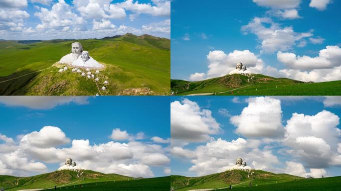 航拍乌拉盖成吉思汗雕塑群蓝天白云延时