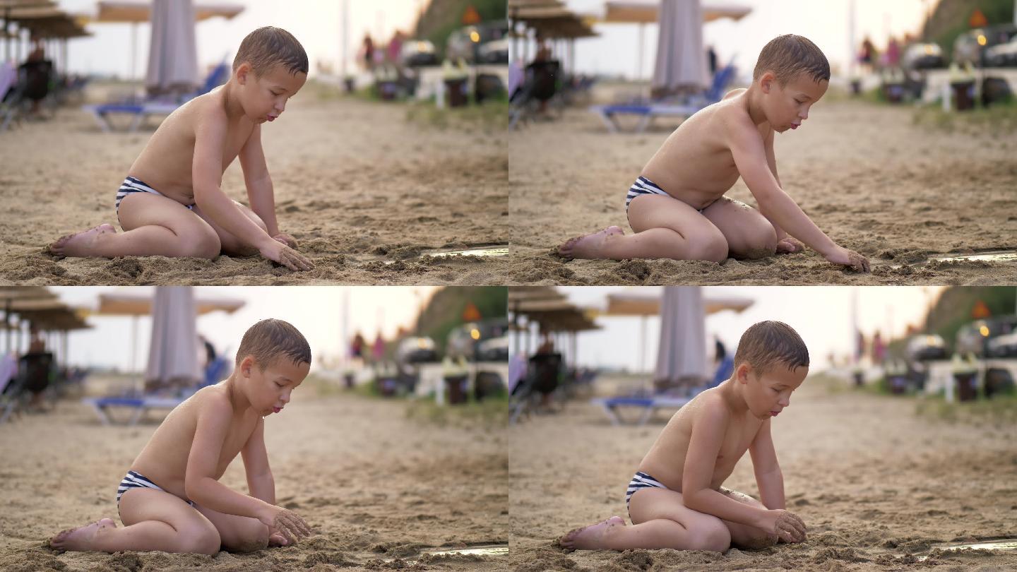 沙滩上玩耍的男孩小男孩小孩子实拍视频
