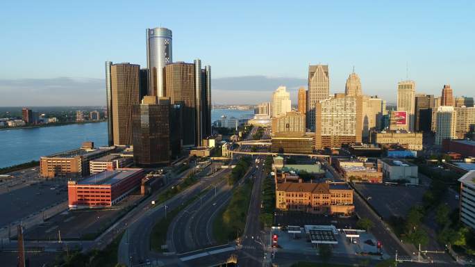 底特律城市鸟瞰图建筑群现代化城市景观
