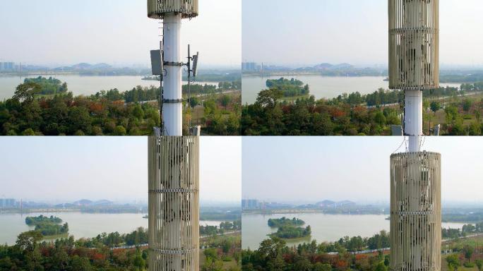 航拍湖边手机无线信号5G通讯传输塔