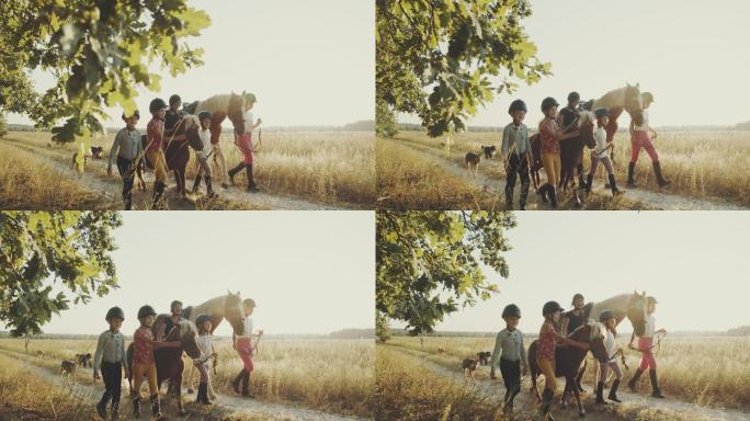 快乐的孩子们在夏天的田野里玩耍