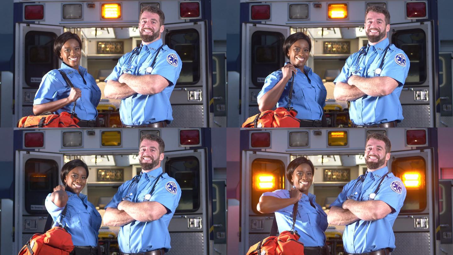 医护人员站在救护车前面