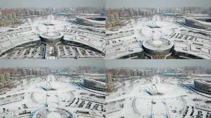 唐山南湖一号门体育场冬季雪景