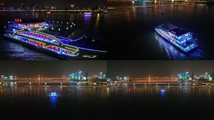 长江上“东湖号”游轮航行夜景航拍素材