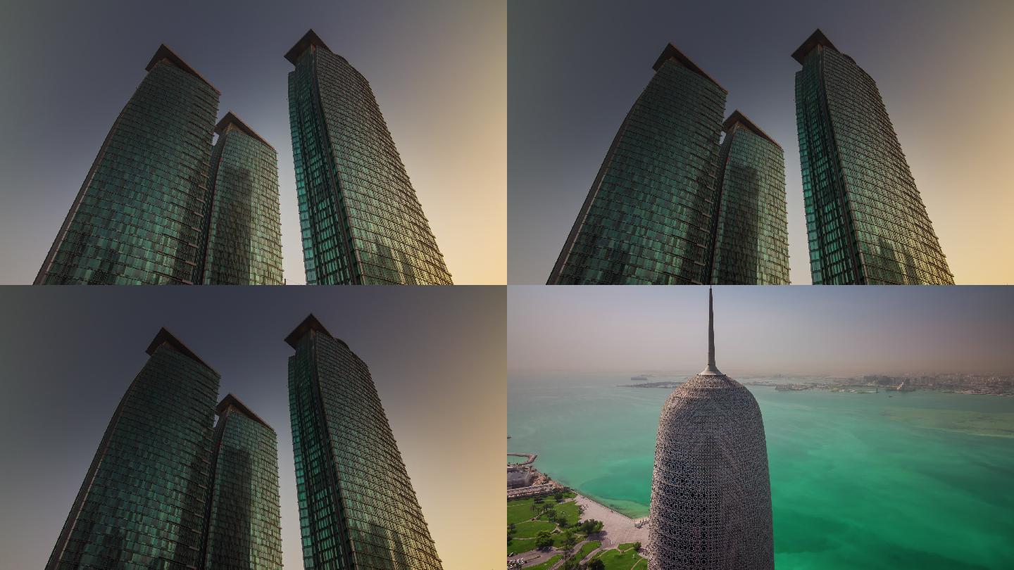 卡塔尔多哈市繁华建筑群大气全景空镜