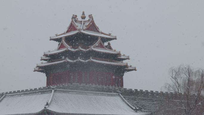 雪中的北京故宫角楼