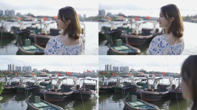 女孩小渔船上看海微笑海边情绪短片旅拍